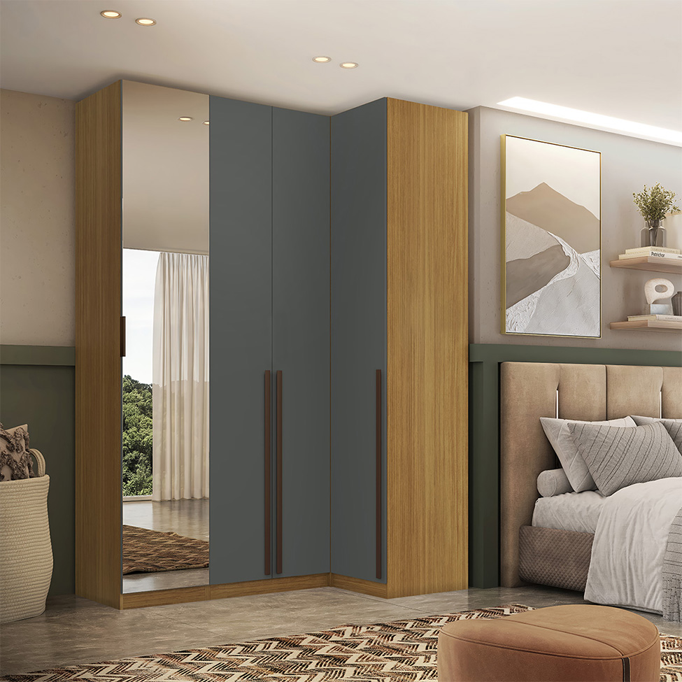 Guarda-Roupa Modulado com Espelho Altezza 4 Portas 3 Gavetas Freijó e Titânio