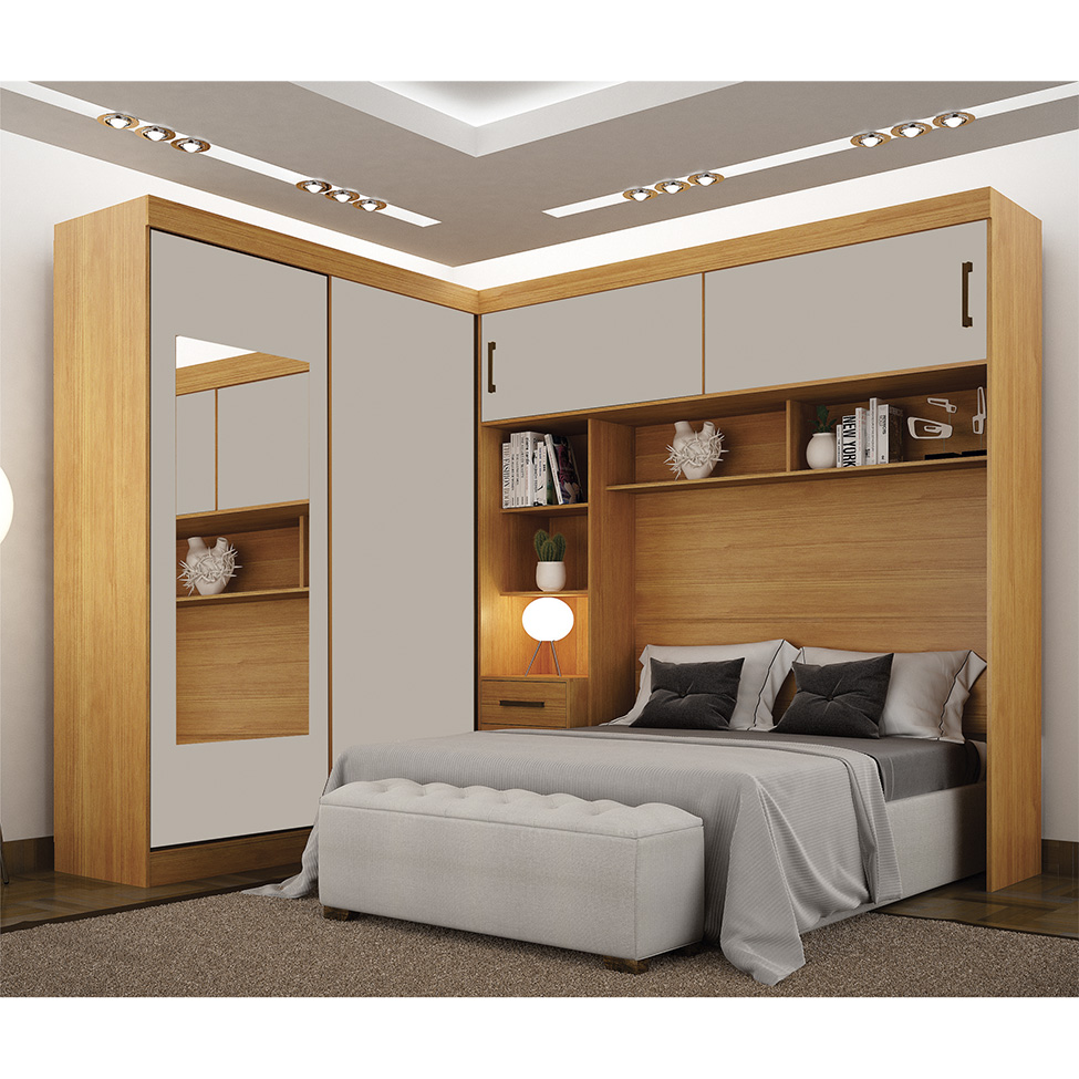 Guarda-Roupa Modulado com Espelho Sparta New Flex 4 Portas 7 Gavetas Cinamomo e Off White