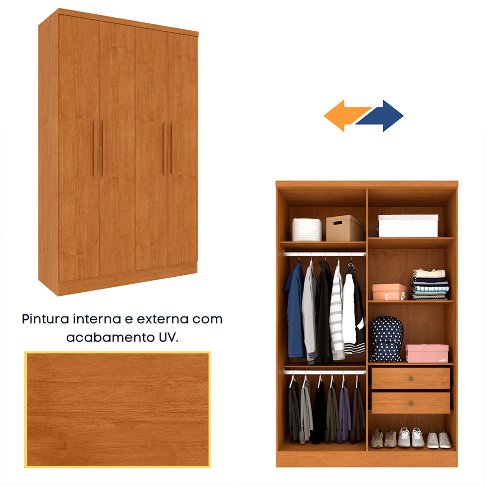 Guarda-Roupa Solteiro Amsterdam I 4 Portas 2 Gavetas Cinamomo