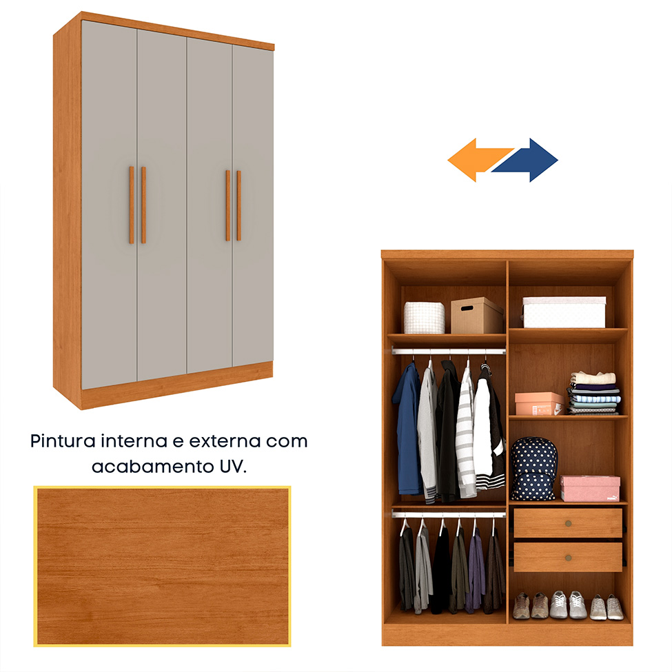 Guarda-Roupa Solteiro Amsterdam I 4 Portas 2 Gavetas Cinamomo e Off White