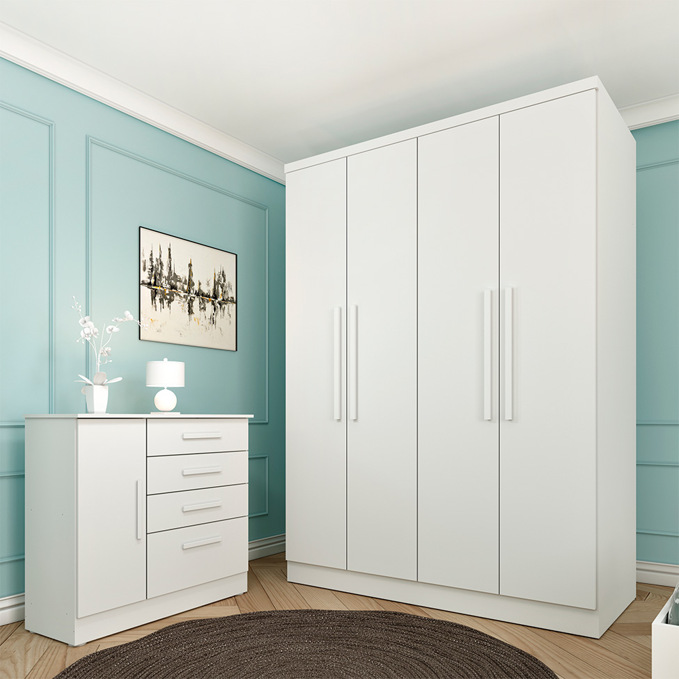 Guarda-Roupa Solteiro Amsterdam I 4 Portas 2 Gavetas Neve