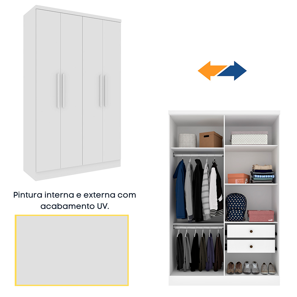 Guarda-Roupa Solteiro Amsterdam I 4 Portas 2 Gavetas Neve