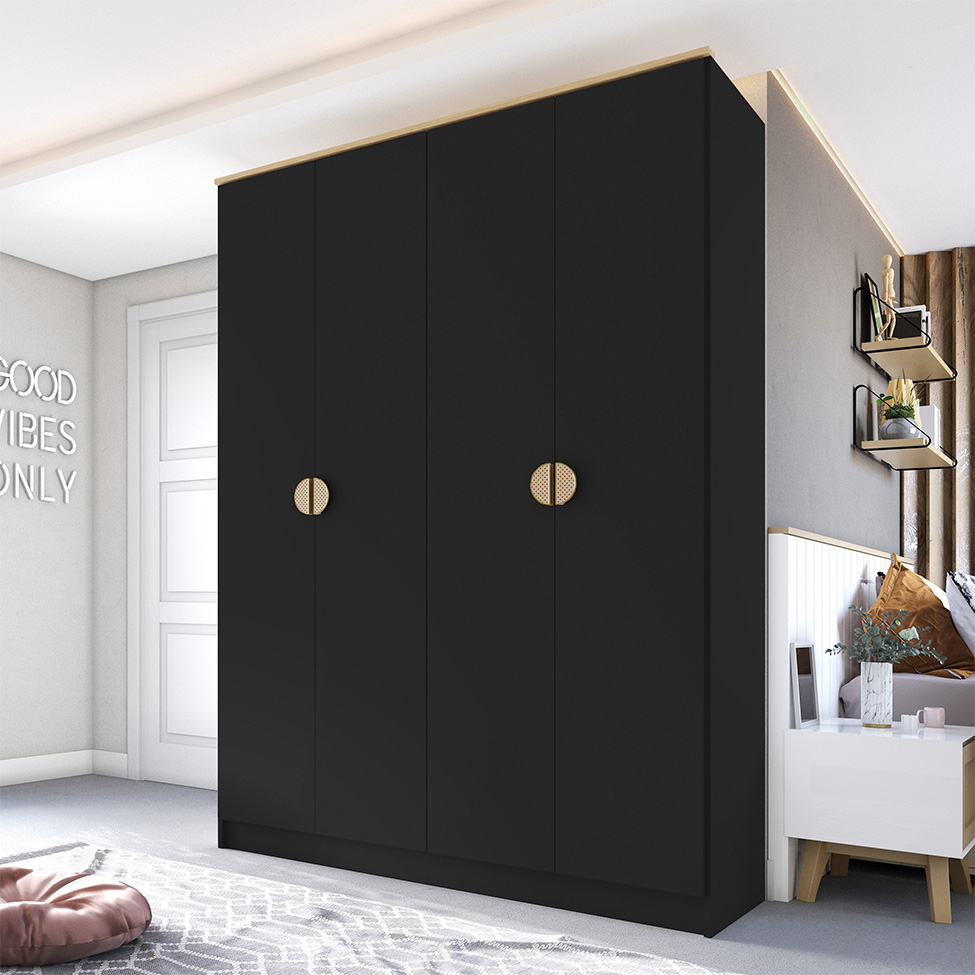 Guarda-Roupa Solteiro Asti 100% MDF 4 Portas 2 Gavetas Preto