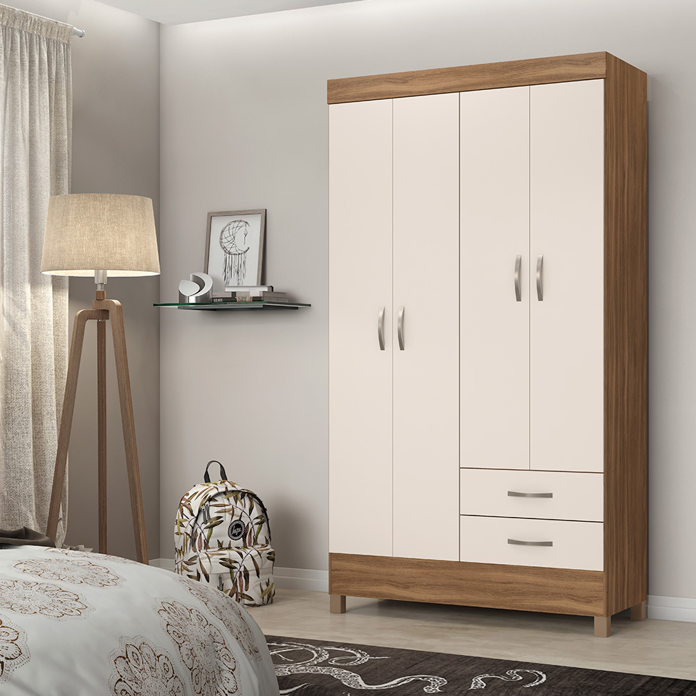 Guarda-Roupa Solteiro Astro 4 Portas 2 Gavetas Amêndola e Off White
