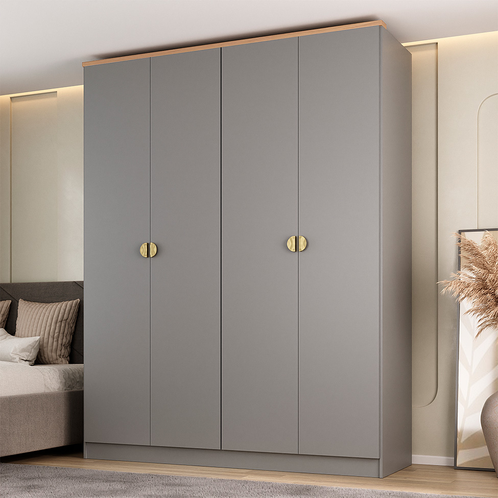 Guarda-Roupa Solteiro Brescia 4 Portas 2 Gavetas Cinza