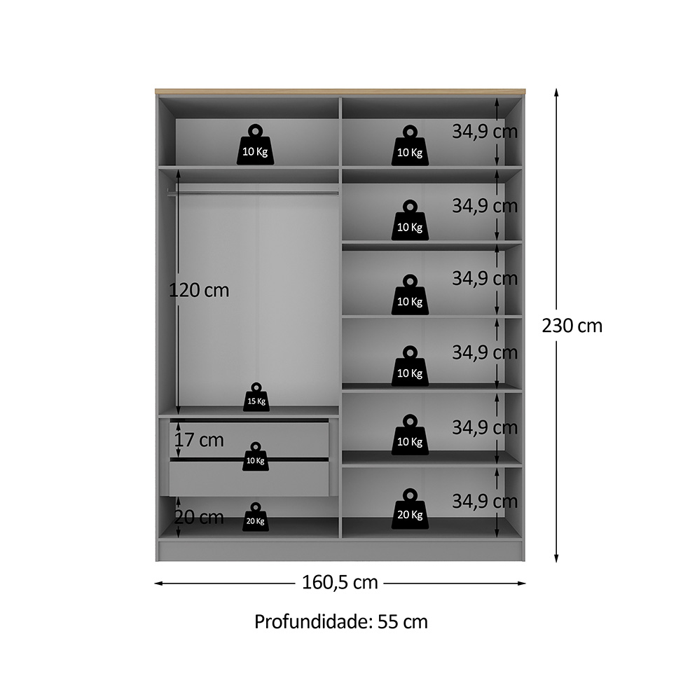 Guarda-Roupa Solteiro Brescia 4 Portas 2 Gavetas Cinza