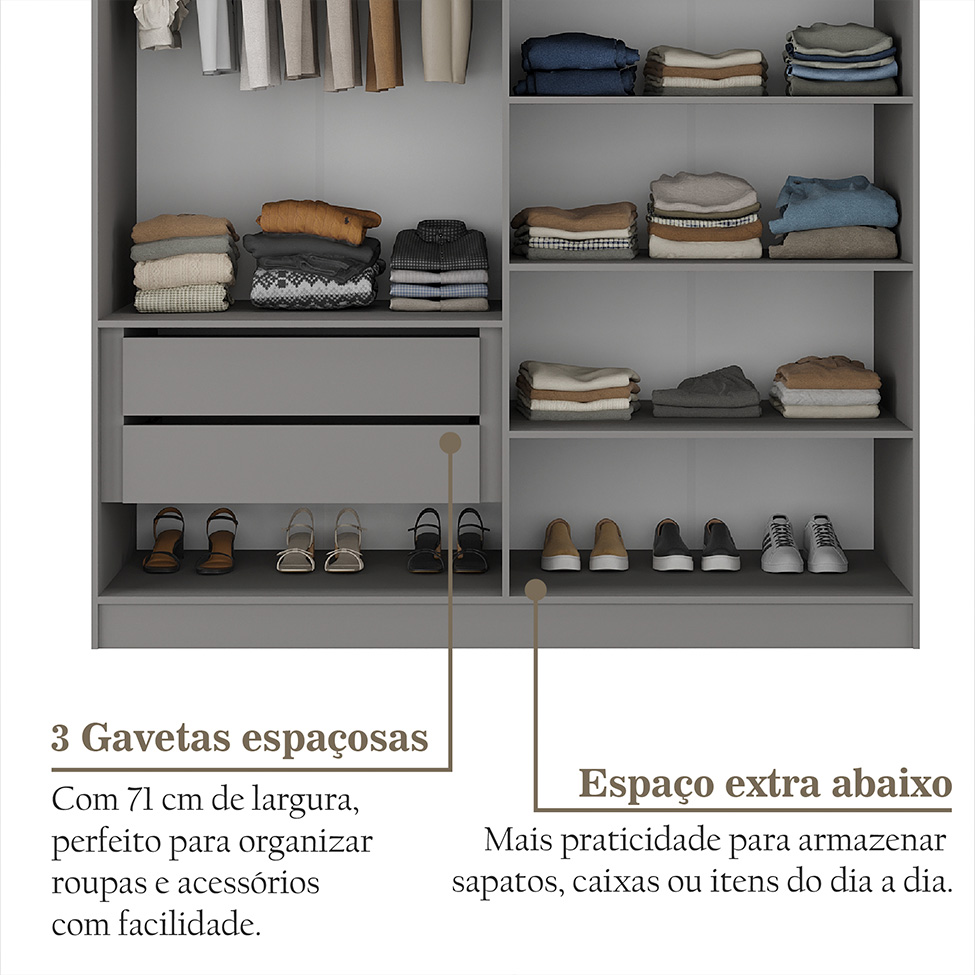 Guarda-Roupa Solteiro Brescia 4 Portas 2 Gavetas Cinza