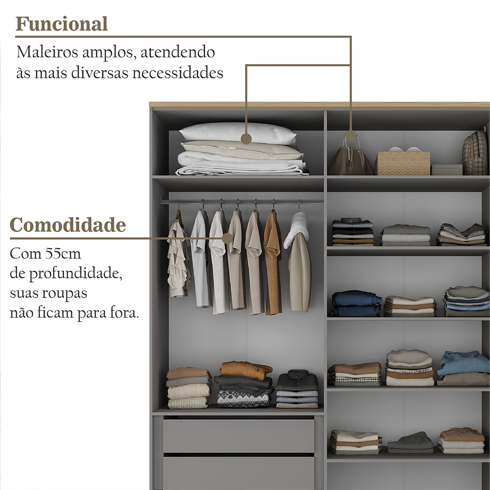 Guarda-Roupa Solteiro Brescia 4 Portas 2 Gavetas Cinza