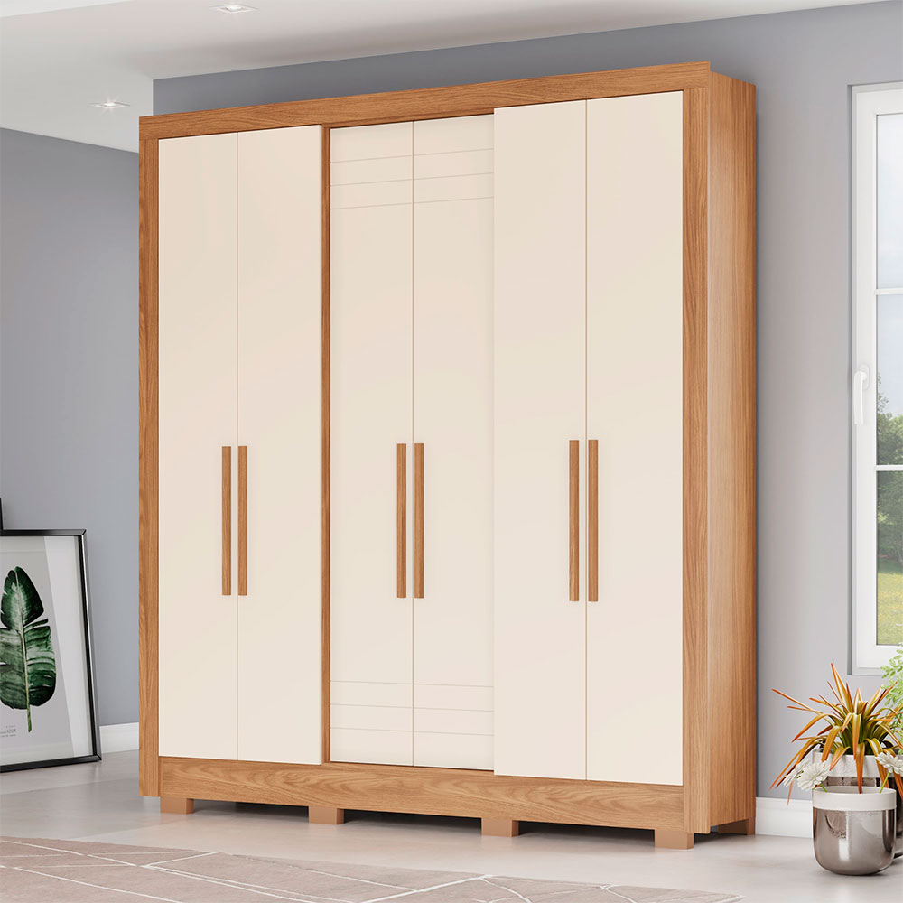 Guarda-Roupa Solteiro Briz 6 Portas 3 Gavetas Nature e Off White