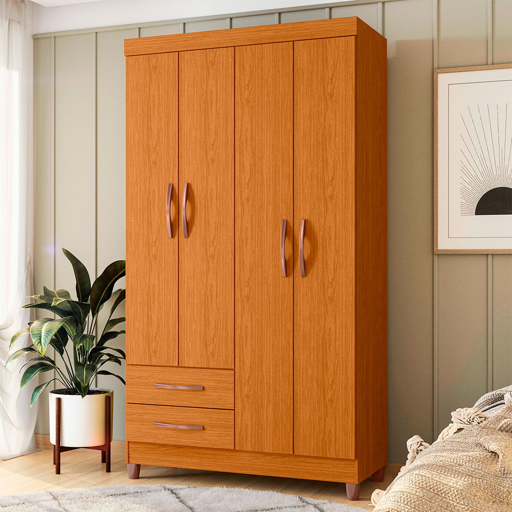 Guarda-Roupa Solteiro Âmbar 4 Portas 2 Gavetas Cinamomo