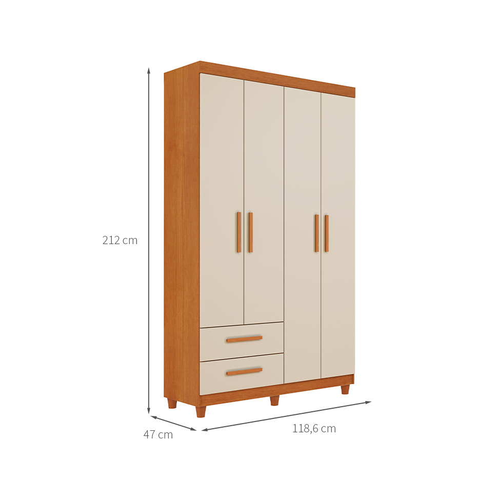 Guarda-Roupa Solteiro Canadá Plus 4 Portas 2 Gavetas Cinamomo e Off White