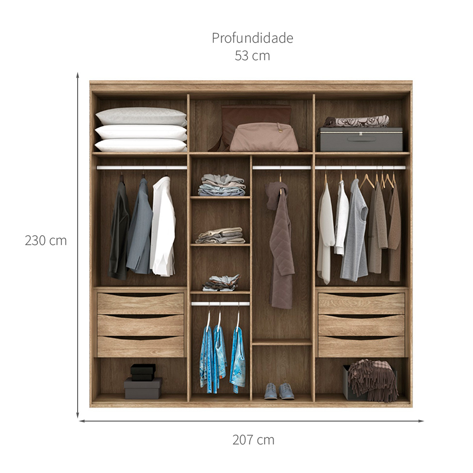 Guarda-Roupa Solteiro Casal 6 Portas 6 Gavetas Carvalho e Off White 207 cm