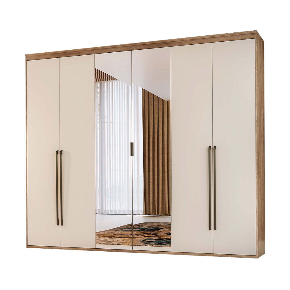 Guarda-Roupa Solteiro Casal com Espelho 6 Portas 6 Gavetas Carvalho e Off White 207 cm