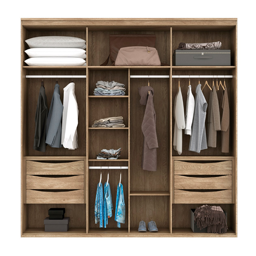 Guarda-Roupa Solteiro Casal com Espelho 6 Portas 6 Gavetas Carvalho e Off White 207 cm