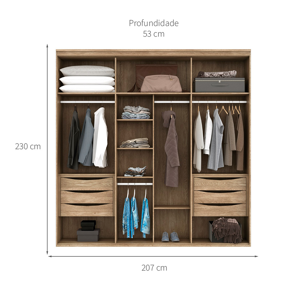 Guarda-Roupa Solteiro Casal com Espelho 6 Portas 6 Gavetas Carvalho e Off White 207 cm