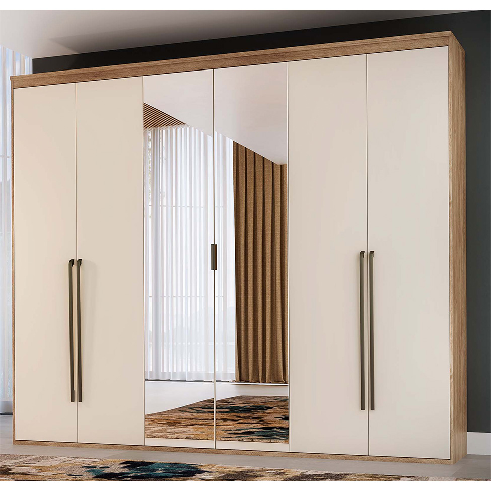Guarda-Roupa Solteiro Casal com Espelho 6 Portas 6 Gavetas Carvalho e Off White 207 cm