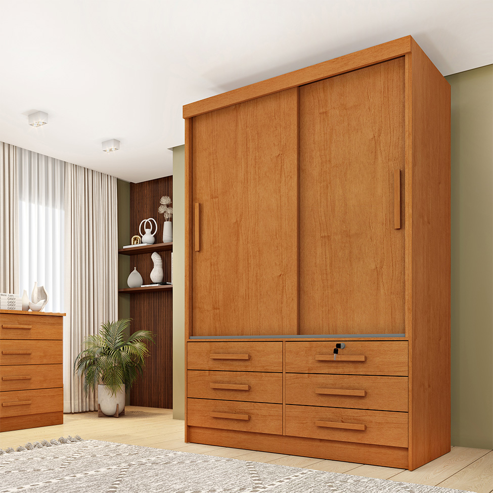 Guarda-Roupa Solteiro Chicago I 2 Portas 6 Gavetas Cinamomo