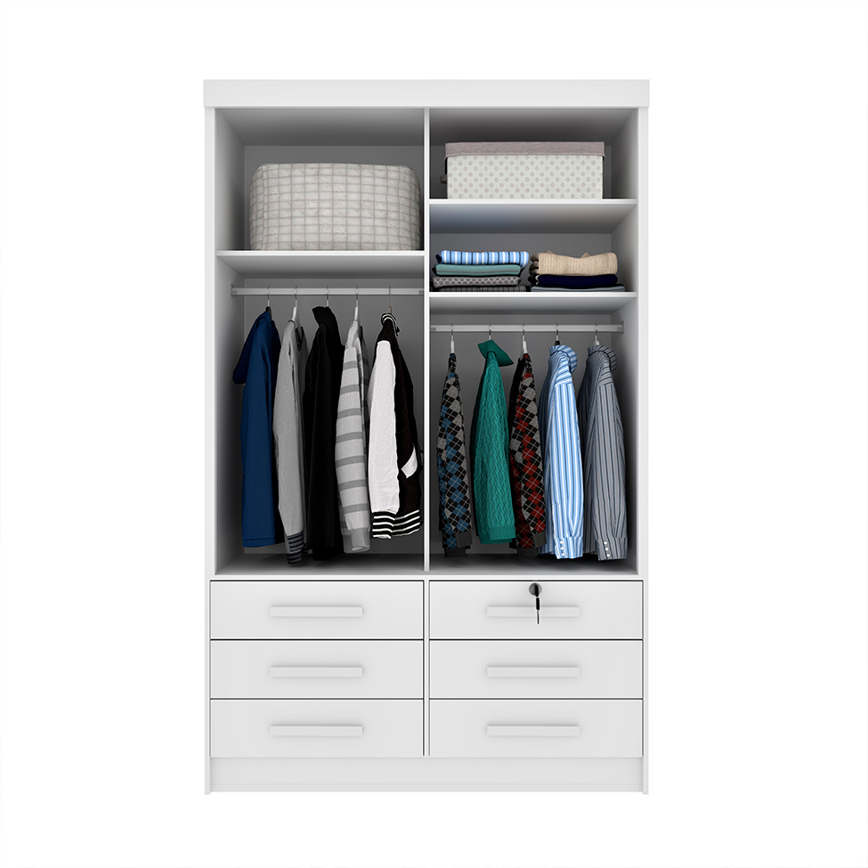 Guarda-Roupa Solteiro Chicago I 2 Portas 6 Gavetas Neve
