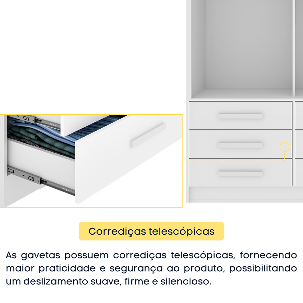 Guarda-Roupa Solteiro Chicago I 2 Portas 6 Gavetas Neve