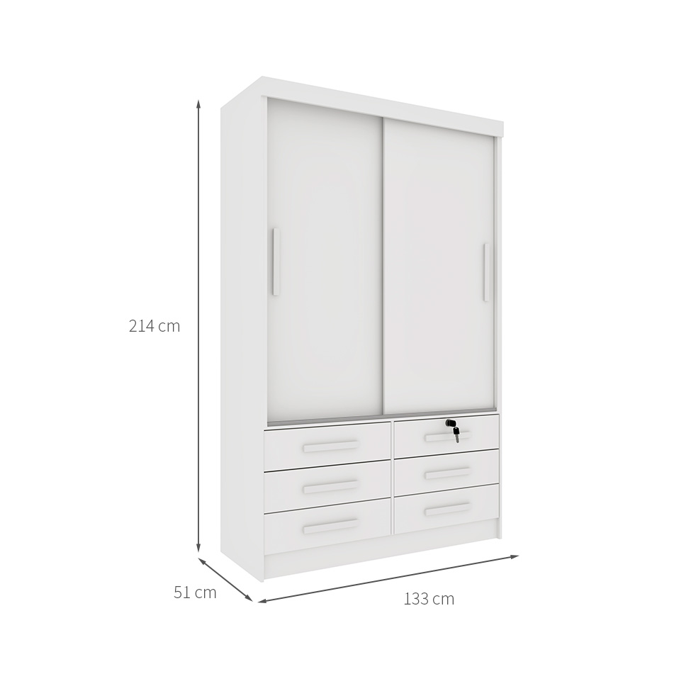 Guarda-Roupa Solteiro Chicago I 2 Portas 6 Gavetas Neve