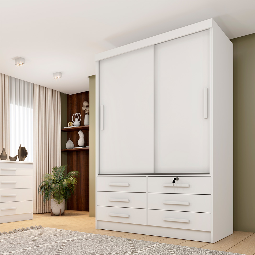 Guarda-Roupa Solteiro Chicago I 2 Portas 6 Gavetas Neve