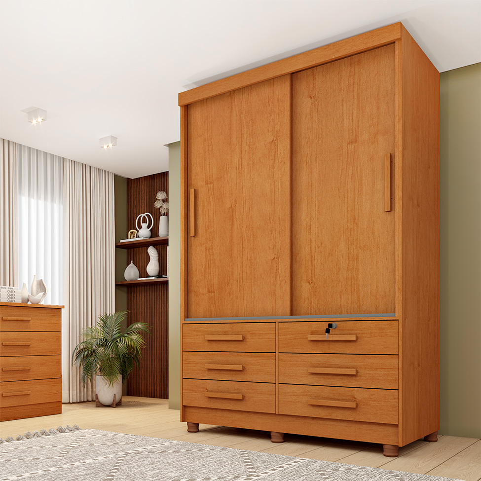 Guarda-Roupa Solteiro Chicago II 2 Portas 6 Gavetas Cinamomo