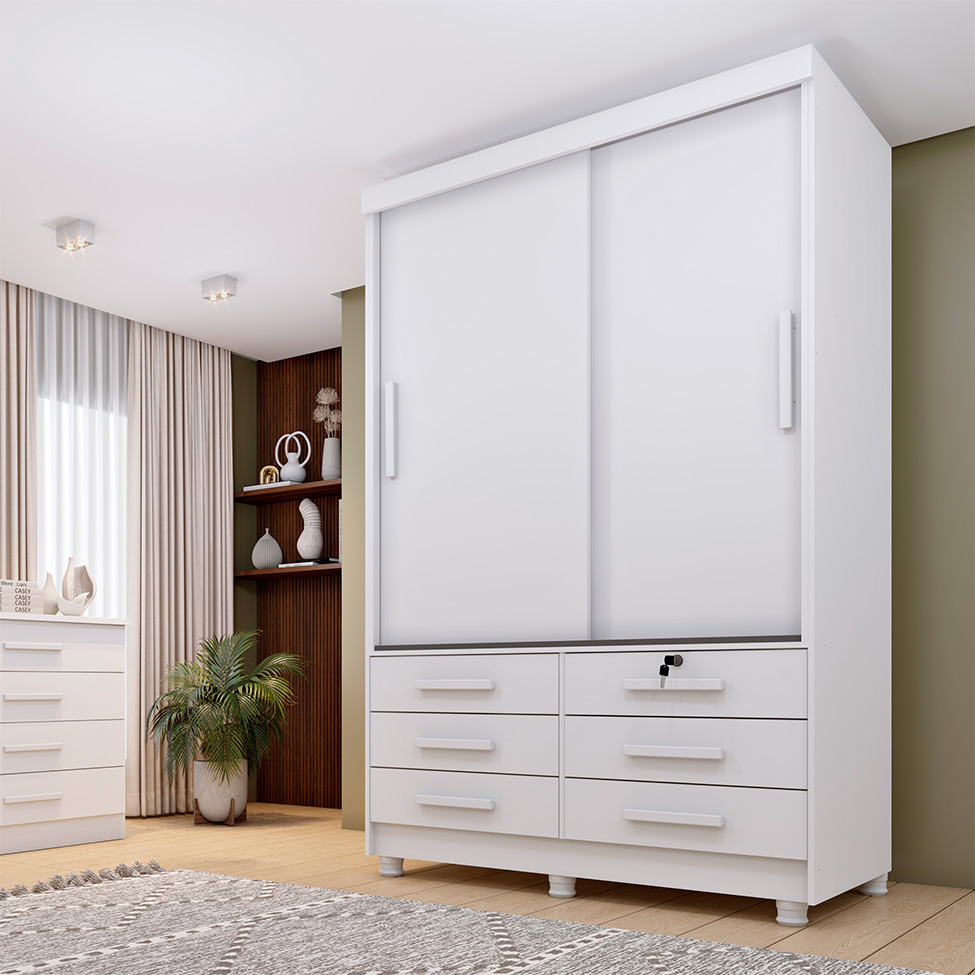 Guarda-Roupa Solteiro Chicago II 2 Portas 6 Gavetas Neve