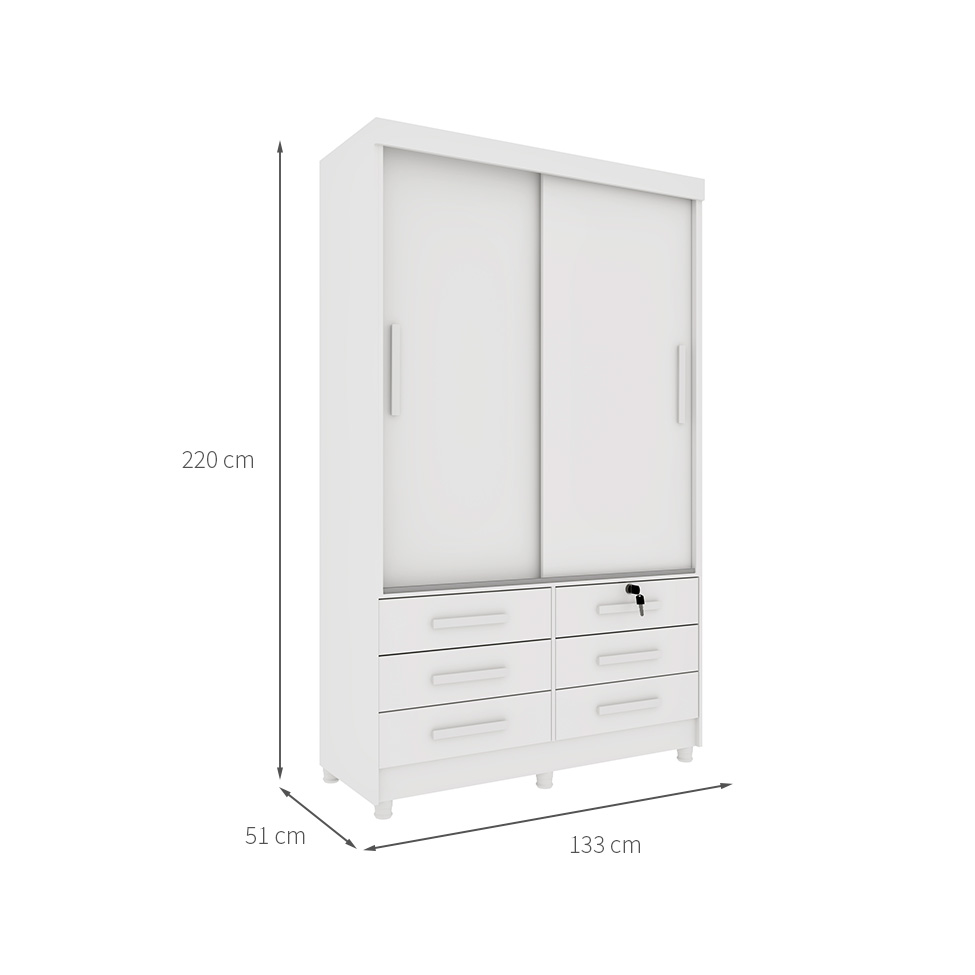 Guarda-Roupa Solteiro Chicago II 2 Portas 6 Gavetas Neve