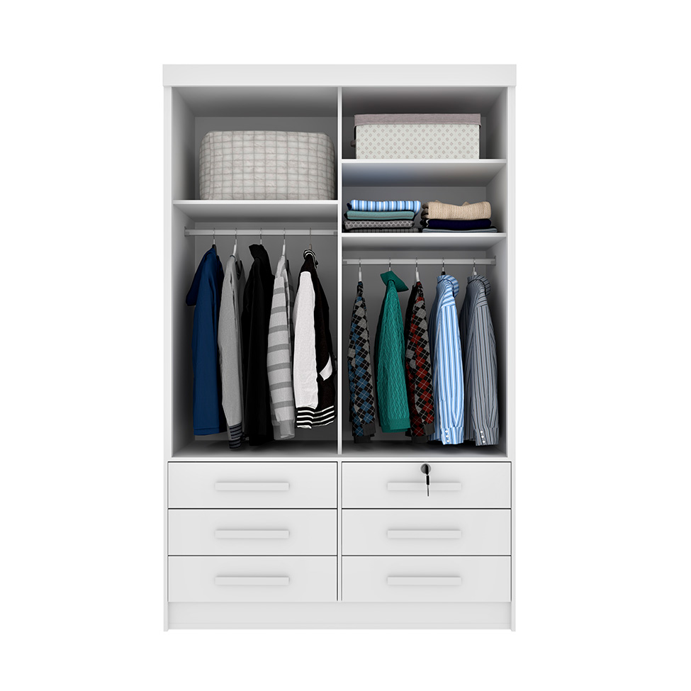 Guarda-Roupa Solteiro Chicago II 2 Portas 6 Gavetas Neve
