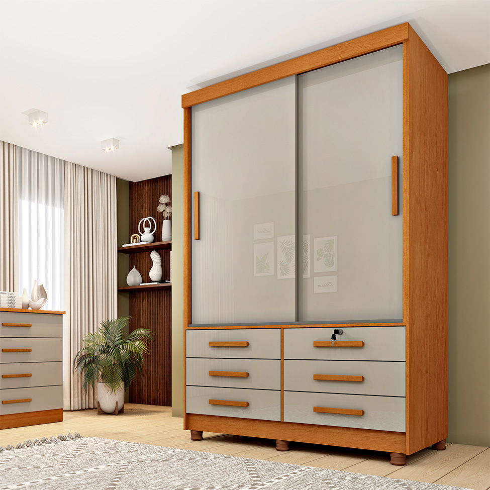 Guarda-Roupa Solteiro Chicago com Pés 2 Portas 6 Gavetas Cinamomo e Off White