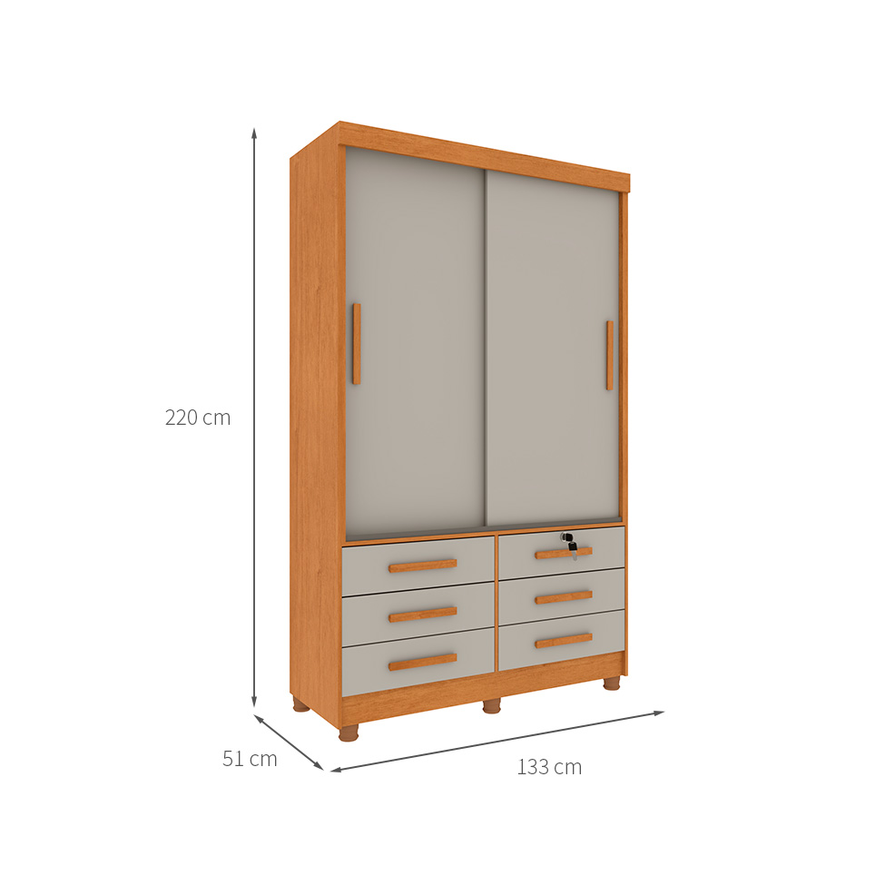 Guarda-Roupa Solteiro Chicago com Pés 2 Portas 6 Gavetas Cinamomo e Off White