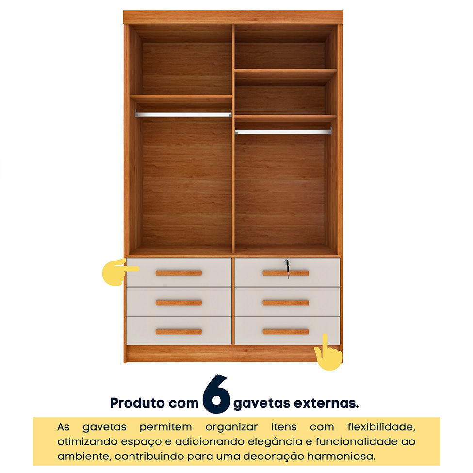 Guarda-Roupa Solteiro Chicago com Pés 2 Portas 6 Gavetas Cinamomo e Off White