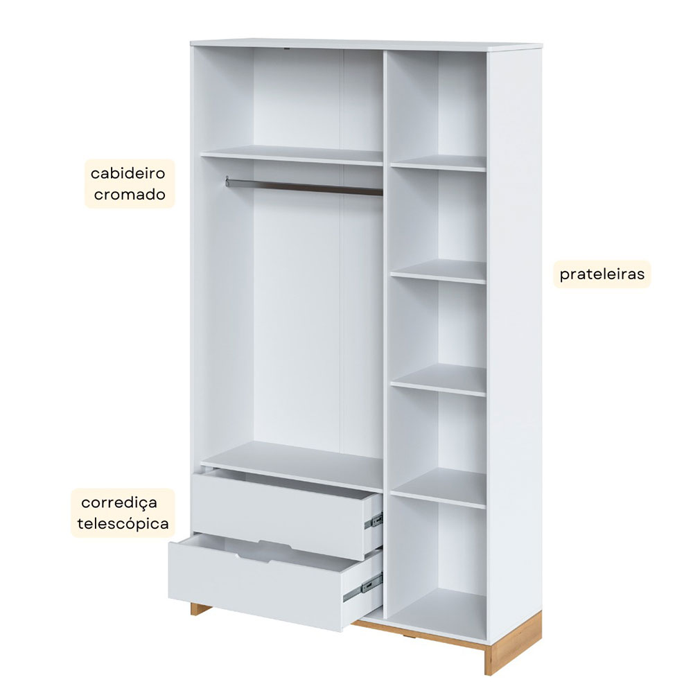 Guarda-Roupa Solteiro Cubo 3 Portas 2 Gavetas Branco e Platano