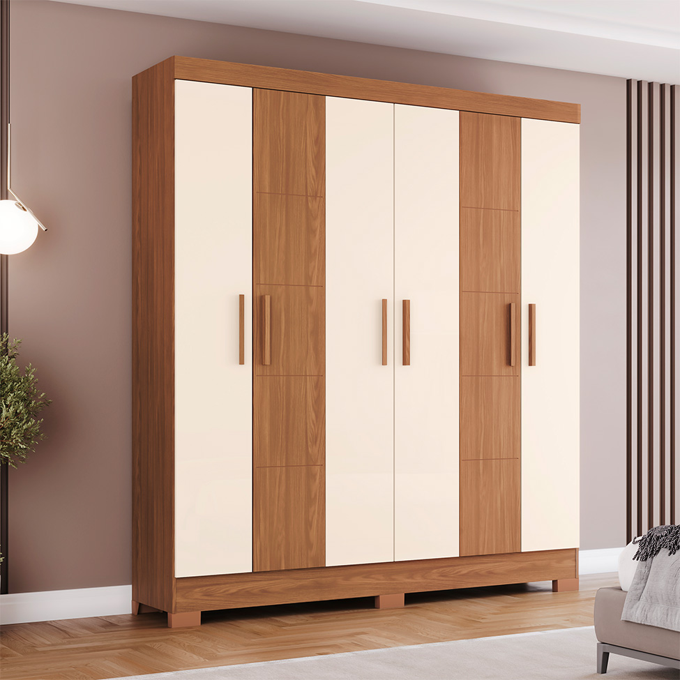 Guarda-Roupa Solteiro Dapnhe 4 Portas 4 Gavetas Off White e Nature