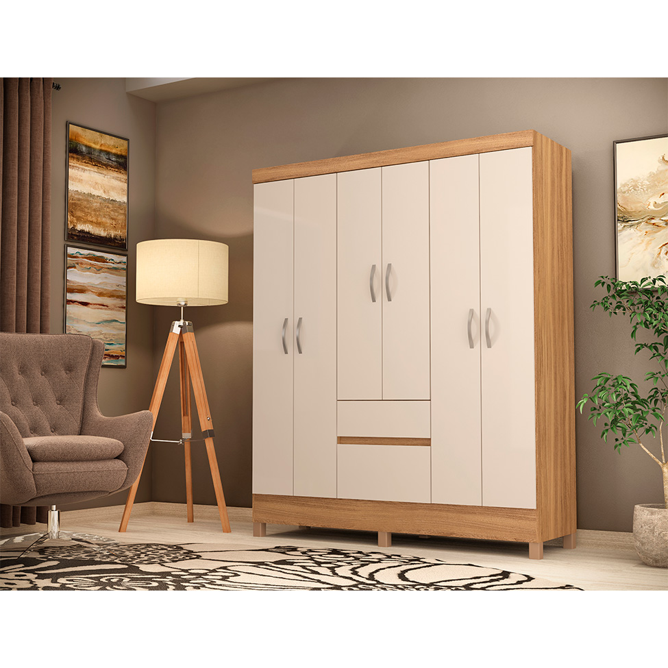 Guarda-Roupa Solteiro Flash 6 Portas 2 Gavetas Amêndola e Off White