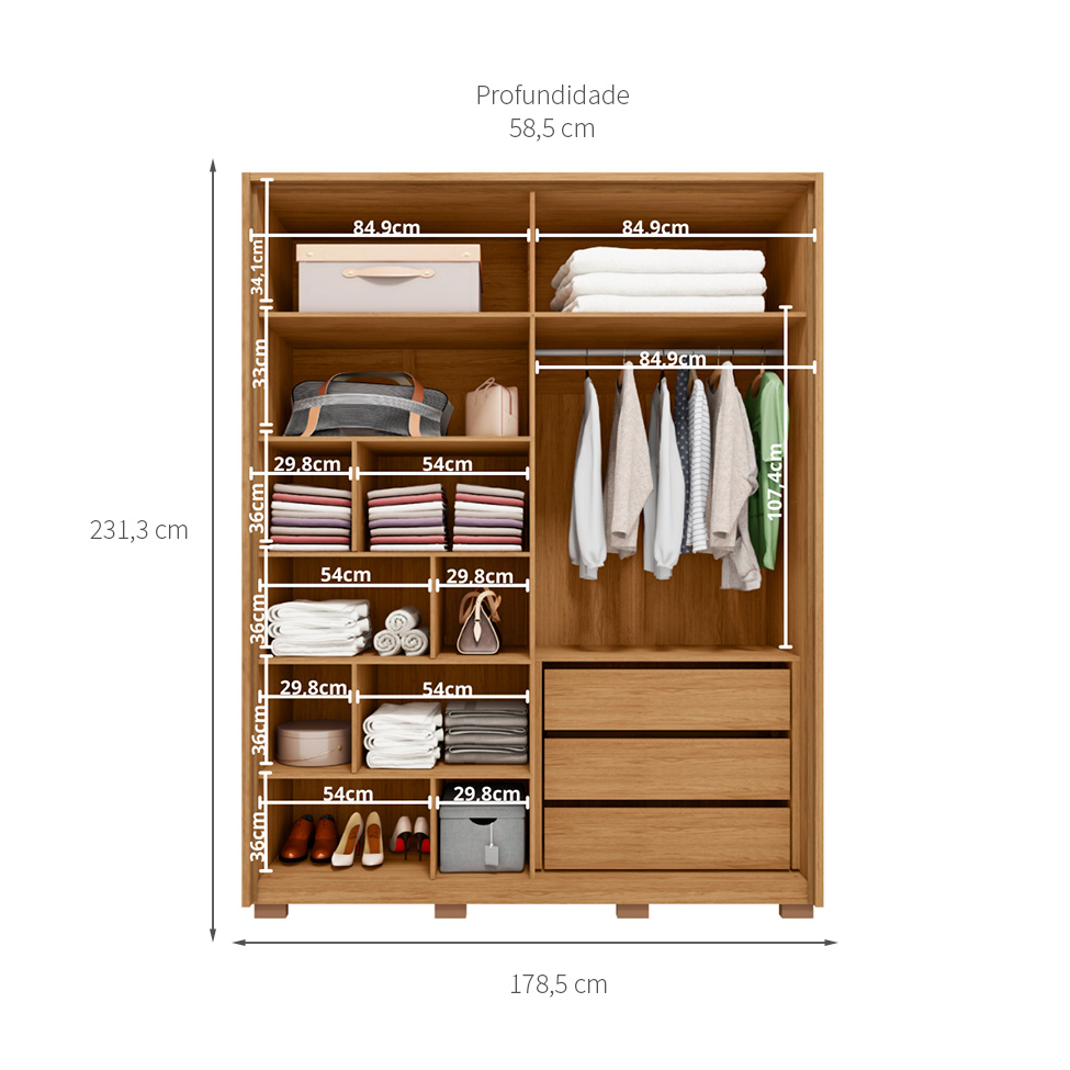 Guarda-Roupa Solteiro Gladiador 4 Portas 3 Gavetas Buriti e Fendi
