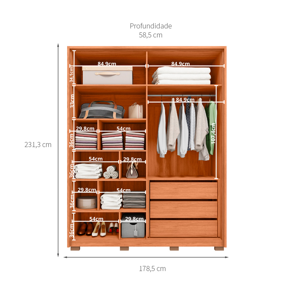 Guarda-Roupa Solteiro Gladiador 4 Portas 3 Gavetas Freijó e Off White