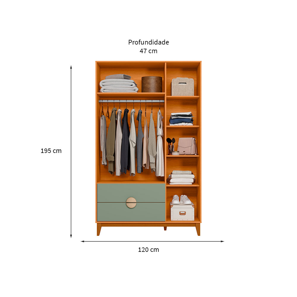 Guarda-Roupa Solteiro Ipê 3 PT 2 GV Cinamomo e Sálvia