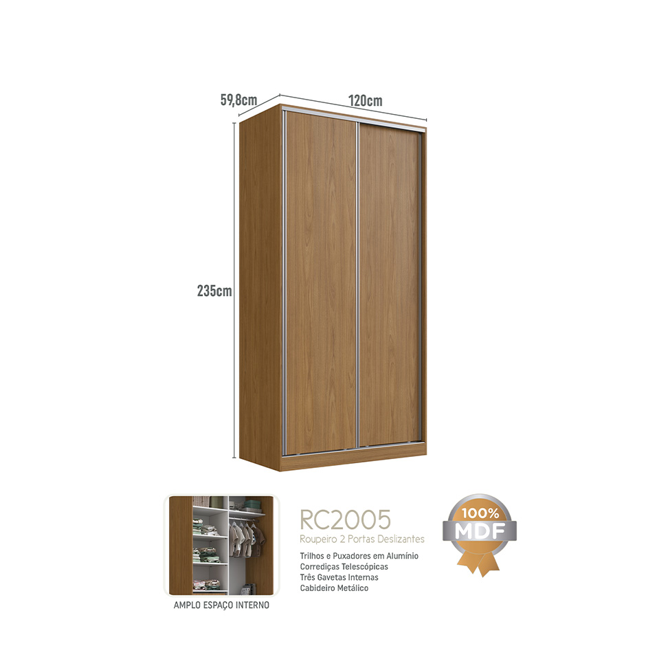 Guarda-Roupa Solteiro Lótus 2 Portas 3 Gavetas Freijó