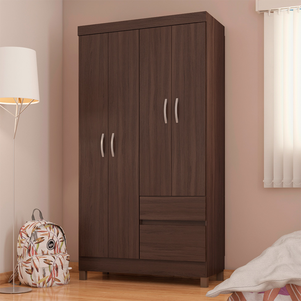 Guarda-Roupa Solteiro Lótus 4 Portas 2 Gavetas Café