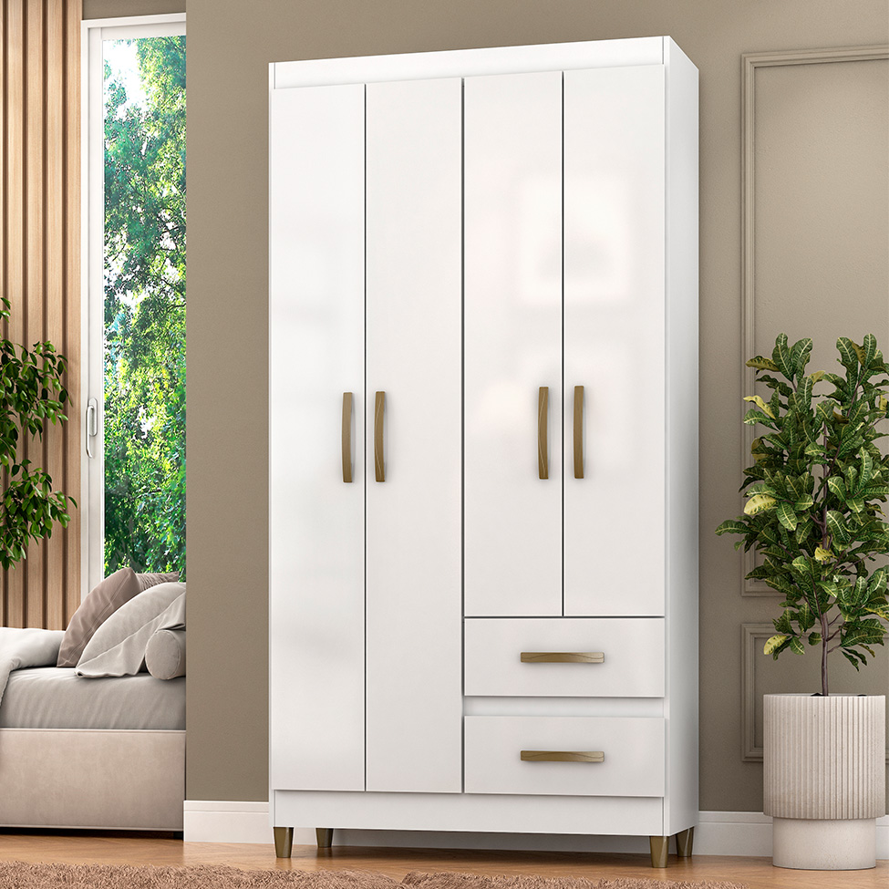 Guarda-Roupa Solteiro Lisboa 4 Portas 2 Gavetas Branco