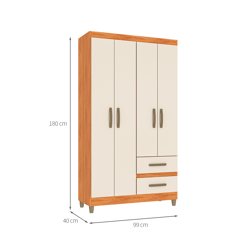 Guarda-Roupa Solteiro Lisboa 4 Portas 2 Gavetas Cinamomo e Off White