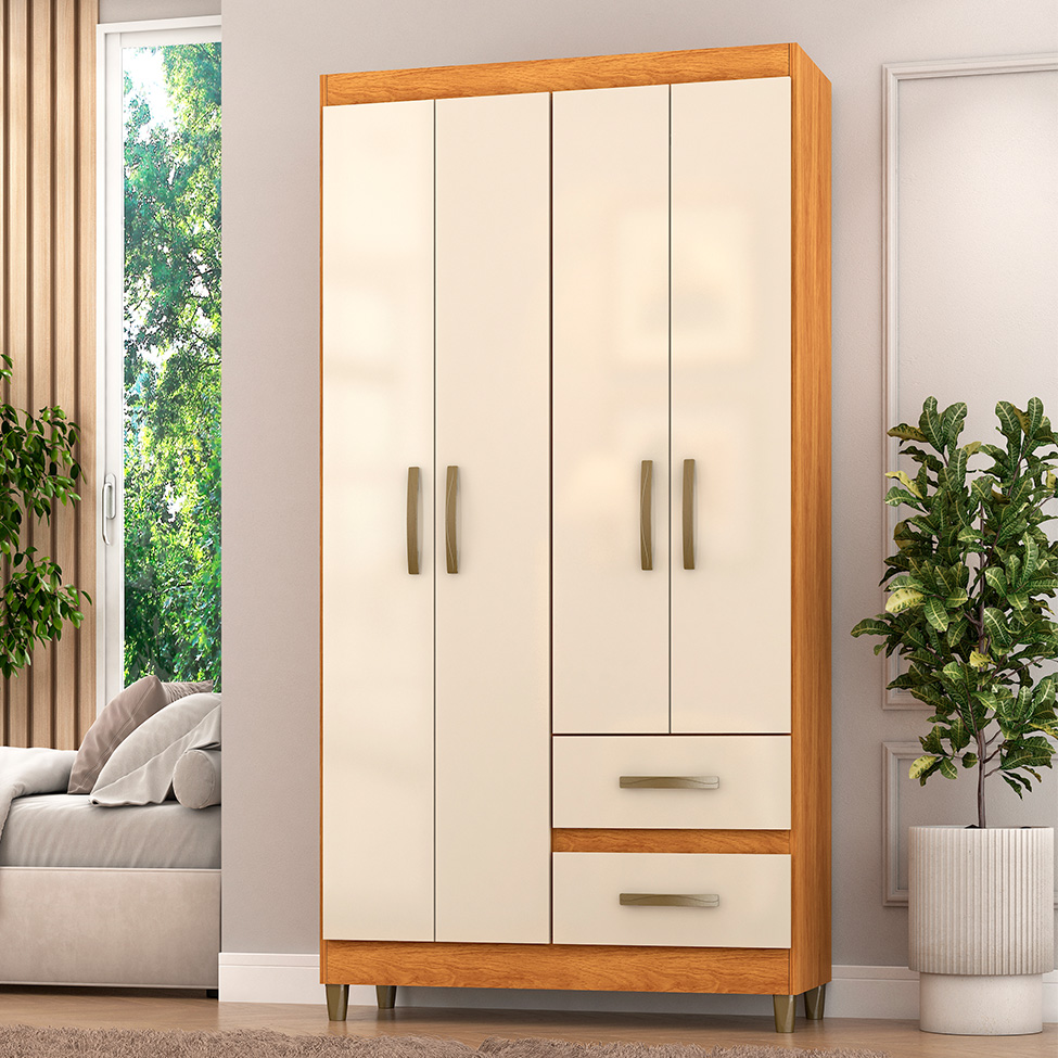 Guarda-Roupa Solteiro Lisboa 4 Portas 2 Gavetas Cinamomo e Off White