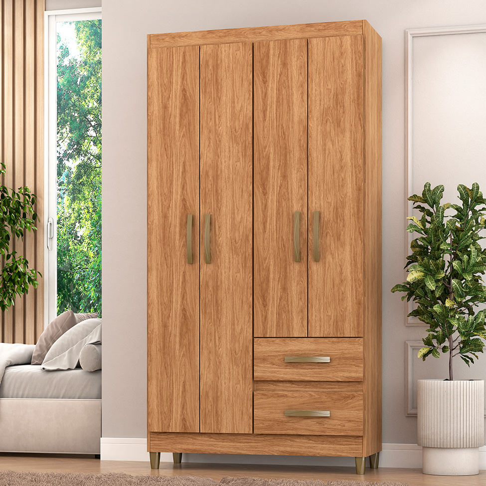 Guarda-Roupa Solteiro Lisboa 4 Portas 2 Gavetas Mel