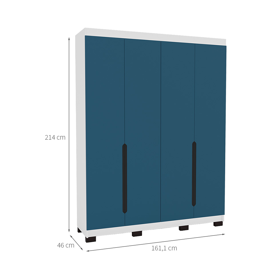 Guarda-Roupa Solteiro Madrid 4 Portas 4 Gavetas Branco e Azul