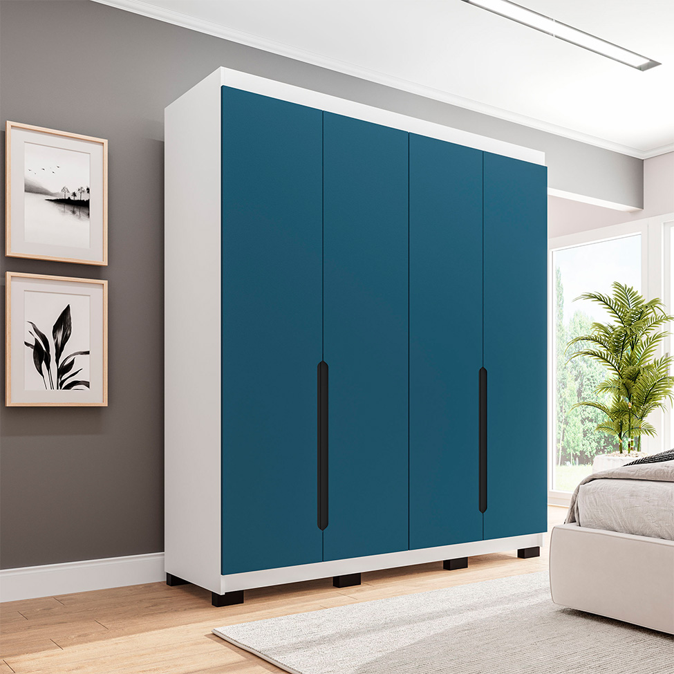 Guarda-Roupa Solteiro Madrid 4 Portas 4 Gavetas Branco e Azul
