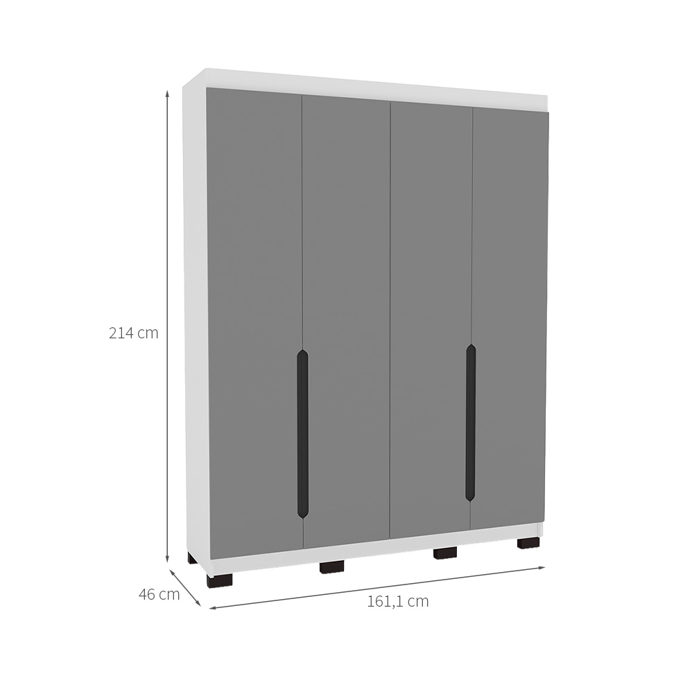 Guarda-Roupa Solteiro Madrid 4 Portas 4 Gavetas Branco e Cinza