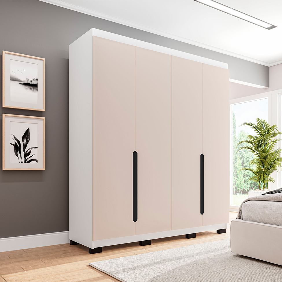 Guarda-Roupa Solteiro Madrid 4 Portas 4 Gavetas Branco e Creme