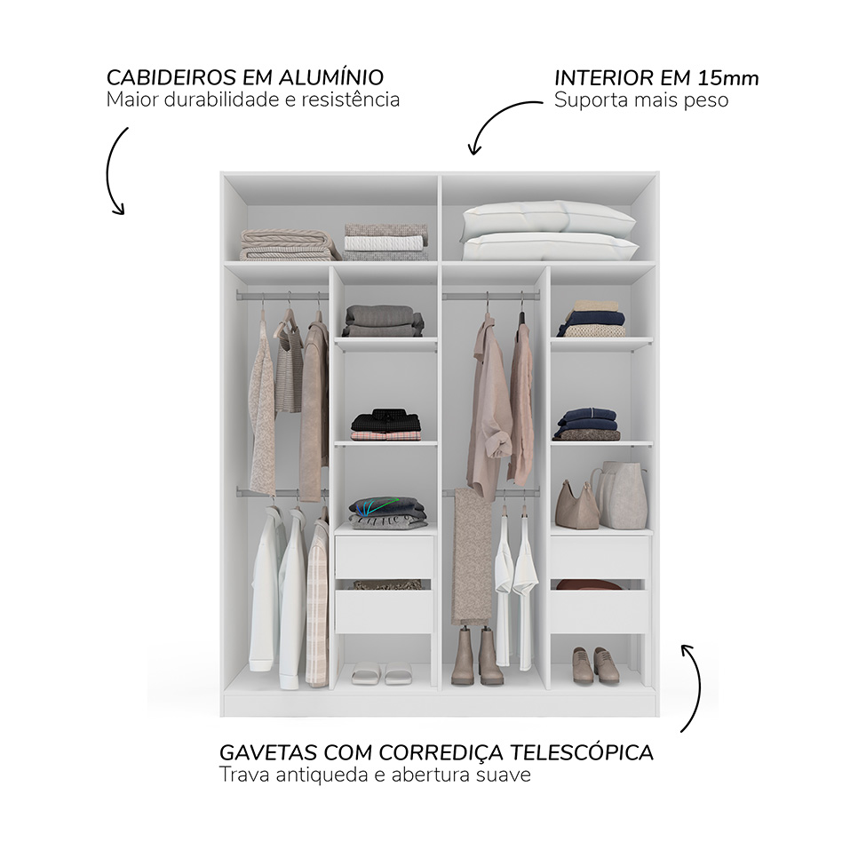 Guarda-Roupa Solteiro Madrid 4 Portas 4 Gavetas Branco e Creme