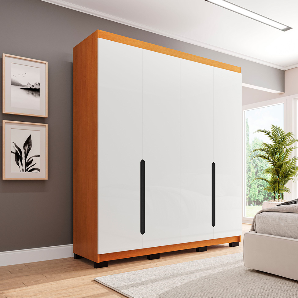 Guarda-Roupa Solteiro Madrid 4 Portas 4 Gavetas Freijó e Branco